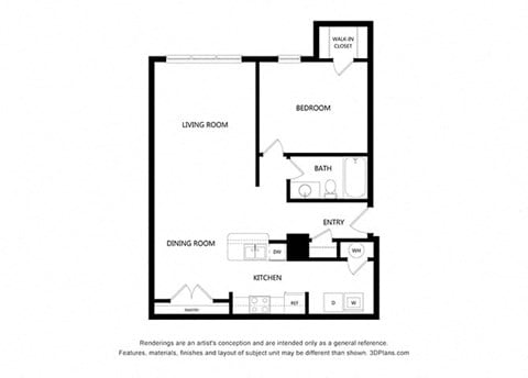 Floor plan for 1 bed, 1 bath, 822 sqft